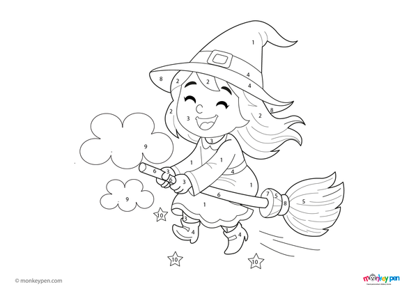 Color-by-number worksheet of a witch with a hat and broom, with numbered sections for coloring her outfit and Halloween-themed background.