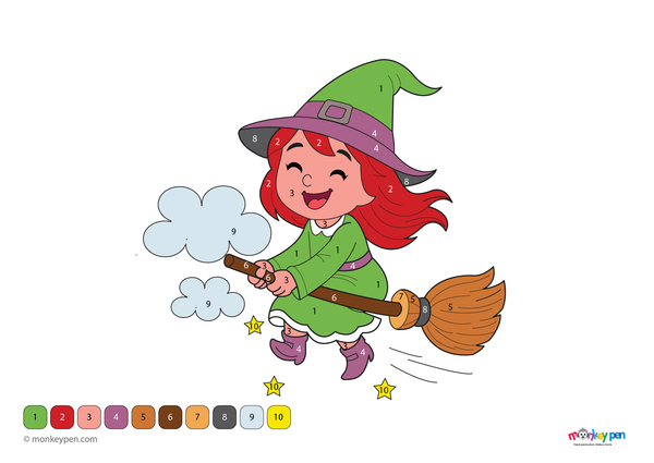 Color-by-number worksheet of a witch with a hat and broom, with numbered sections for coloring her outfit and Halloween-themed background.