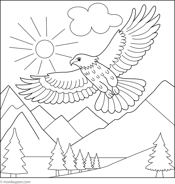 Hawk and a Mountain View coloring page – free printable for kids to color and enjoy