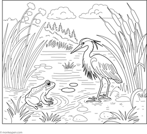 Heron and a Frog coloring page – free printable for kids to color and enjoy