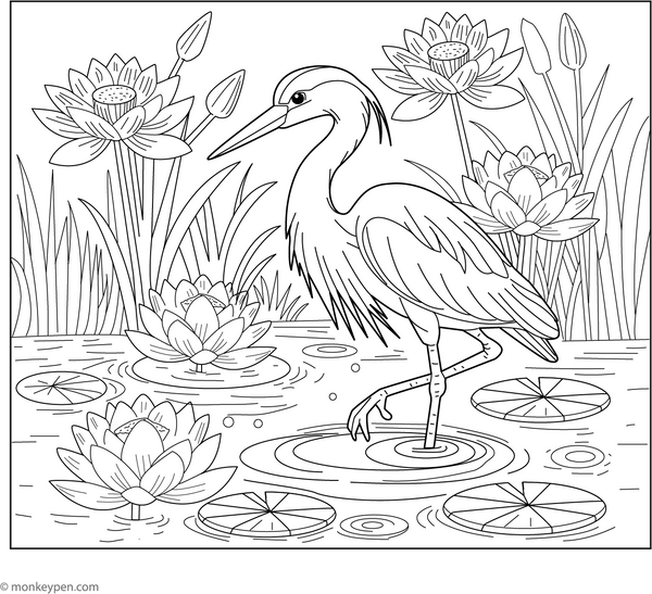 Heron in a Lotus Pond coloring page – free printable for kids to color and enjoy