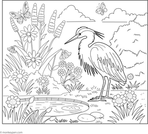 Heron in a Garden coloring page – free printable for kids to color and enjoy