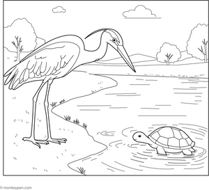 Heron with a Turtle coloring page – free printable for kids to color and enjoy