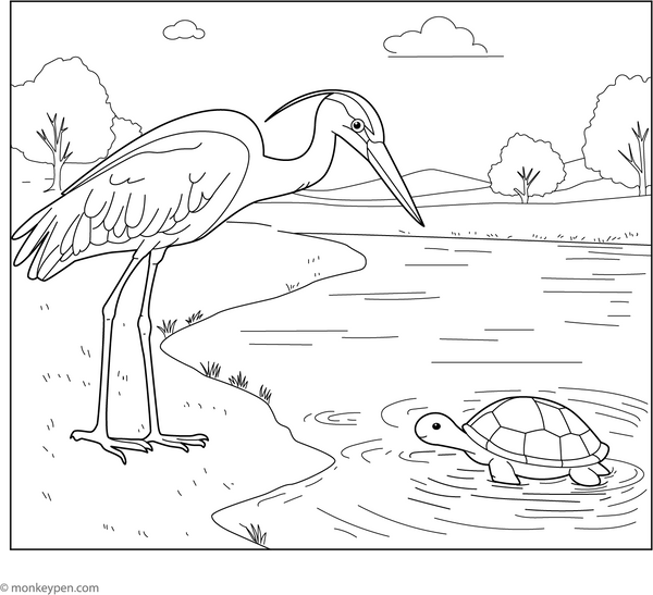 Heron with a Turtle coloring page – free printable for kids to color and enjoy