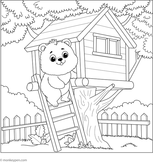 Bear in a Tree House Coloring Page