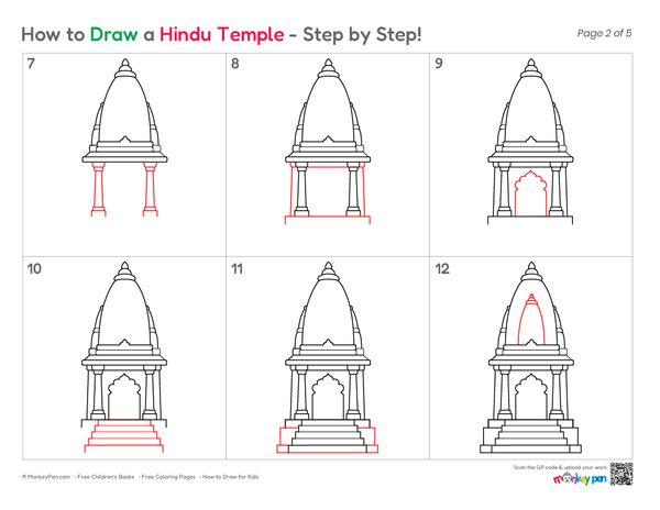 Simple Indian Hindu Temple sketch for kids