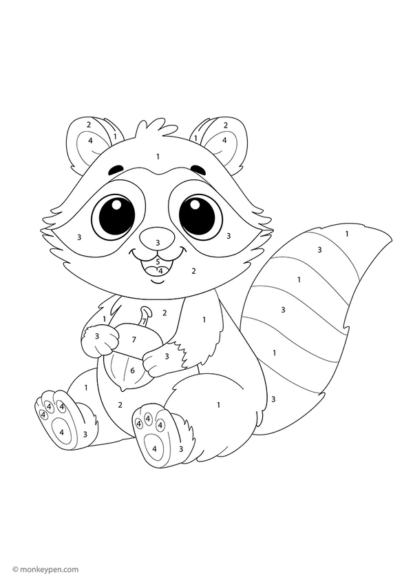Free downloadable color-by-number worksheet featuring a curious raccoon with numbered sections on its bushy tail, paws, and masked face—perfect for helping kids learn numbers while enjoying a fun woodland-themed coloring activity