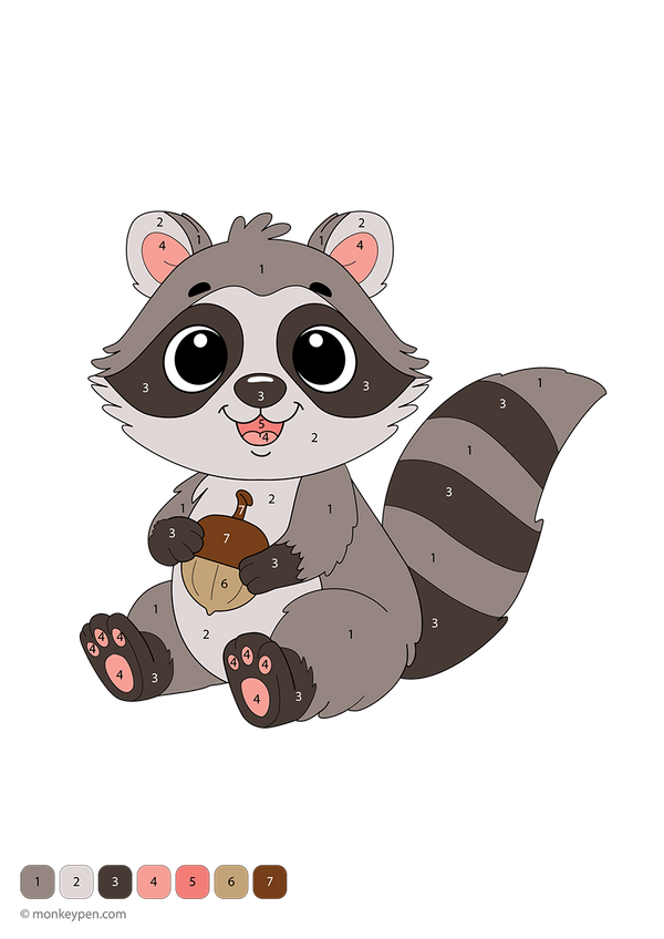 Free downloadable color-by-number worksheet featuring a curious raccoon with numbered sections on its bushy tail, paws, and masked face—perfect for helping kids learn numbers while enjoying a fun woodland-themed coloring activity