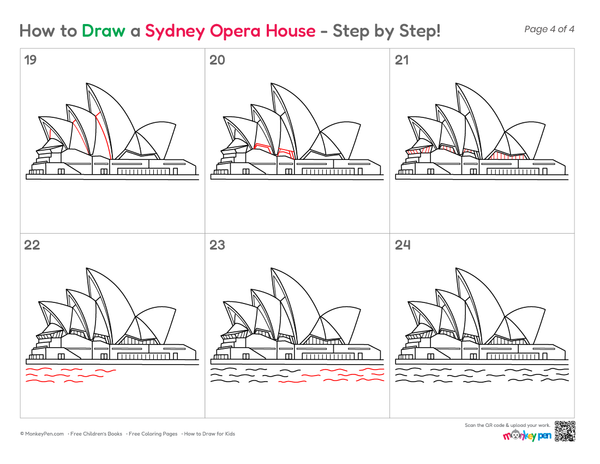 Sydney Opera House drawing progression showing the base, roof shells, windows, and waterfront.