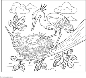Heron Building a Nest coloring page – free printable for kids to color and enjoy