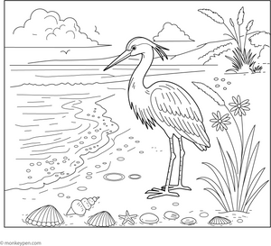 Heron on a Beach coloring page – free printable for kids to color and enjoy
