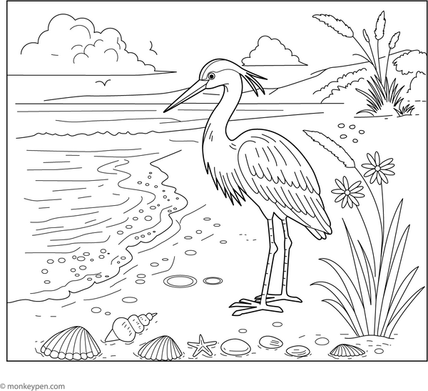 Heron on a Beach coloring page – free printable for kids to color and enjoy