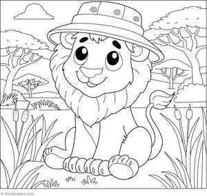 Lion in a Safari Hat Colouring Page coloring page – free printable for kids to color and enjoy