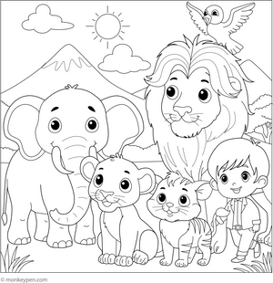 Lion and Animal Friends Colouring Page coloring page – free printable for kids to color and enjoy