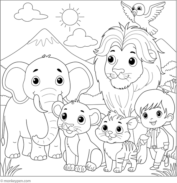 Lion and Animal Friends Colouring Page coloring page – free printable for kids to color and enjoy