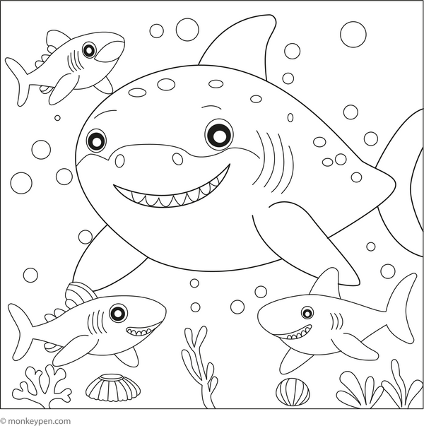Megalodon in a Shark Family coloring page – free printable for kids to color and enjoy