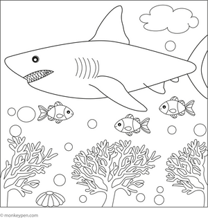 Megalodon by a Coral Reef coloring page – free printable for kids to color and enjoy