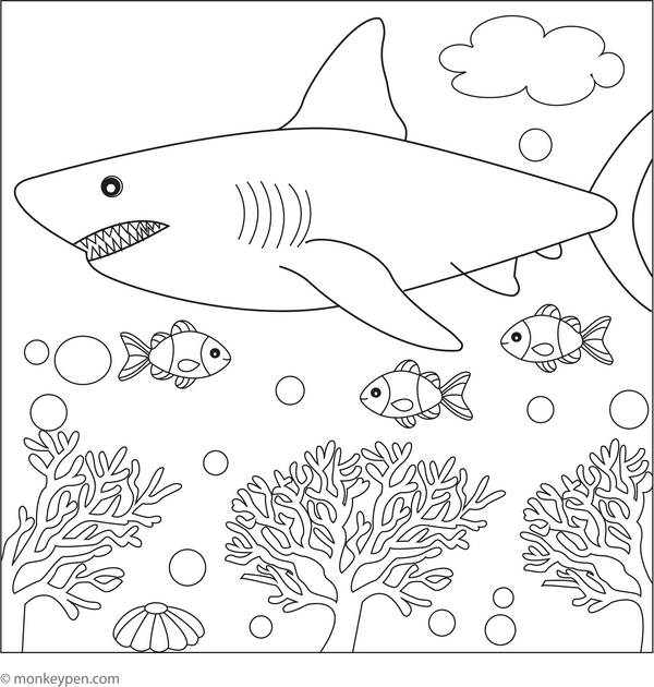 Megalodon by a Coral Reef coloring page – free printable for kids to color and enjoy