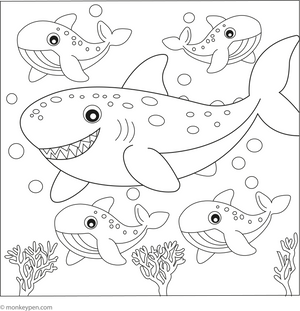 Megalodon with Whales coloring page – free printable for kids to color and enjoy