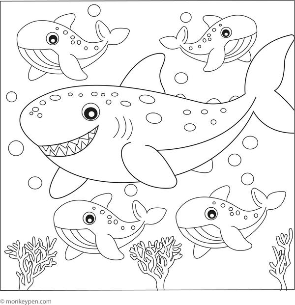 Megalodon with Whales coloring page – free printable for kids to color and enjoy
