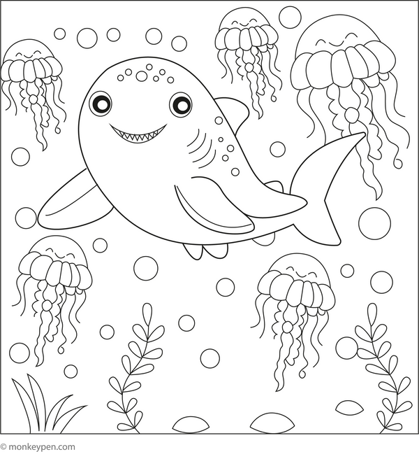 Megalodon with Jellyfish coloring page – free printable for kids to color and enjoy