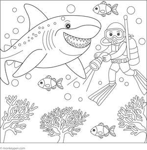 Megalodon and a Diver coloring page – free printable for kids to color and enjoy