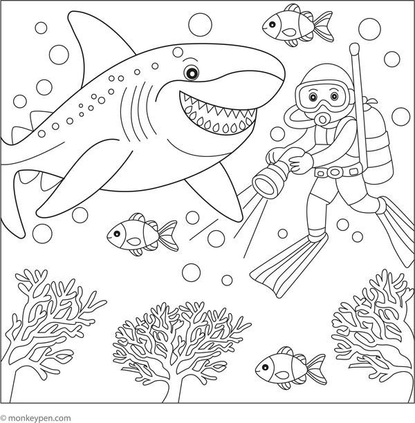 Megalodon and a Diver coloring page – free printable for kids to color and enjoy