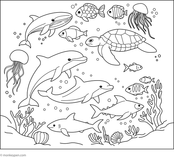 Marine Life coloring page – free printable for kids to color and enjoy