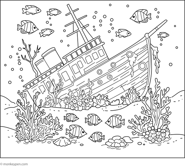 Sunken Ships coloring page – free printable for kids to color and enjoy