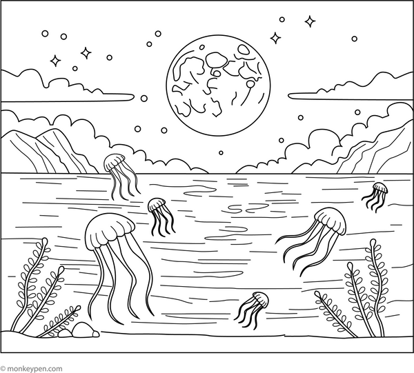 Ocean Night Sky coloring page – free printable for kids to color and enjoy