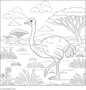 Ostrich in the Savanna coloring page – free printable for kids to color and enjoy