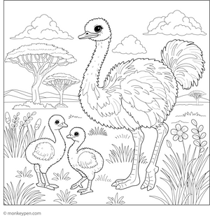 Ostrich with Fluffy Chicks coloring page – free printable for kids to color and enjoy