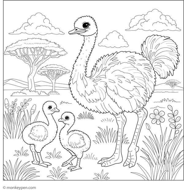 Ostrich with Fluffy Chicks coloring page – free printable for kids to color and enjoy
