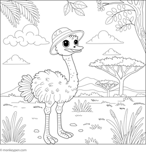 Ostrich in a Safari Hat coloring page – free printable for kids to color and enjoy