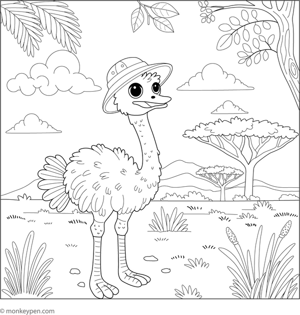 Ostrich in a Safari Hat coloring page – free printable for kids to color and enjoy