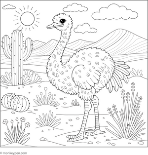 Ostrich and a Desert Scene coloring page – free printable for kids to color and enjoy