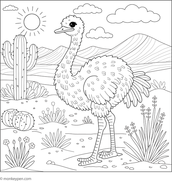 Ostrich and a Desert Scene coloring page – free printable for kids to color and enjoy
