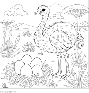 Ostrich and an Egg Nest coloring page – free printable for kids to color and enjoy