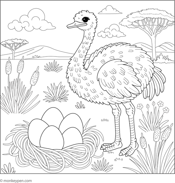 Ostrich and an Egg Nest coloring page – free printable for kids to color and enjoy