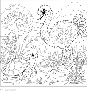 Ostrich and a Turtle coloring page – free printable for kids to color and enjoy
