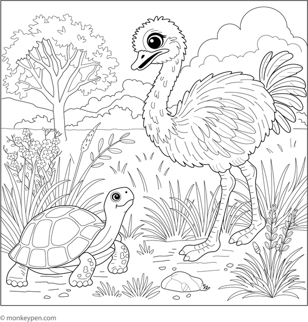 Ostrich and a Turtle coloring page – free printable for kids to color and enjoy
