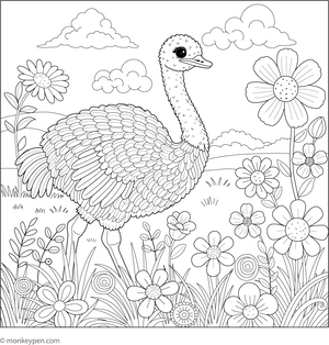 Ostrich in a Field of Flowers coloring page – free printable for kids to color and enjoy