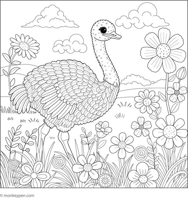 Ostrich in a Field of Flowers coloring page – free printable for kids to color and enjoy
