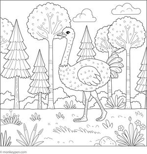 Ostrich in a Forest coloring page – free printable for kids to color and enjoy