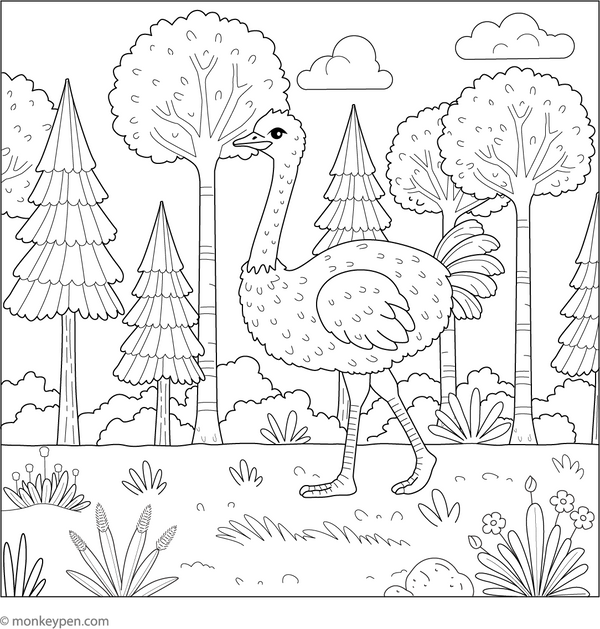 Ostrich in a Forest coloring page – free printable for kids to color and enjoy
