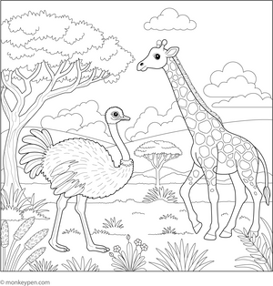 Ostrich and a Giraffe Friend coloring page – free printable for kids to color and enjoy