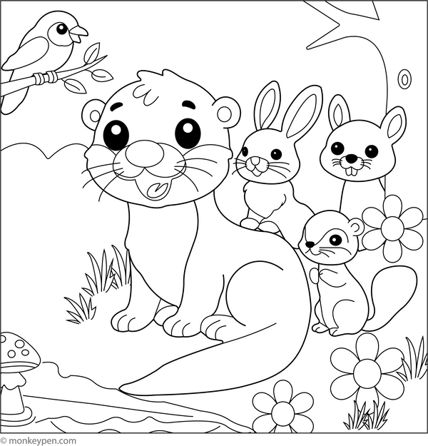Otter and Friends coloring page – free printable for kids to color and enjoy
