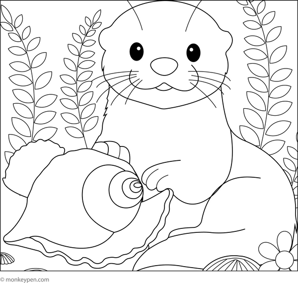Otter and Seashell coloring page – free printable for kids to color and enjoy