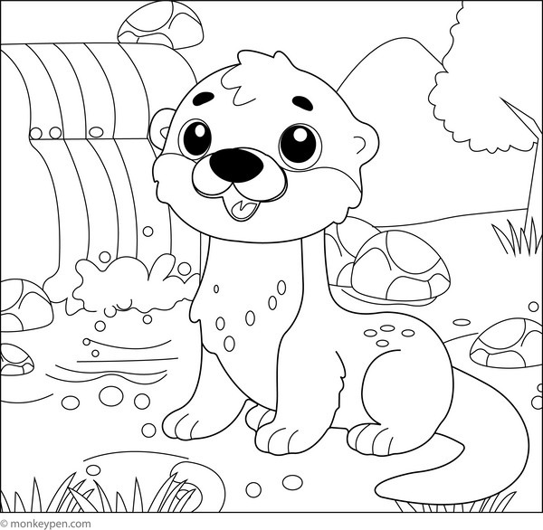Otter and a Waterfall coloring page – free printable for kids to color and enjoy