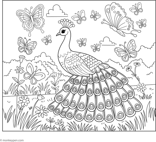 Peacock and Butterflies coloring page – free printable for kids to color and enjoy